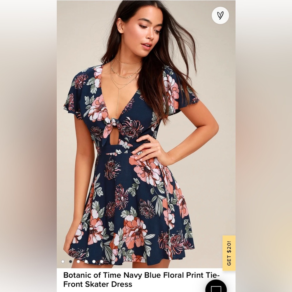 Lulus Botanic of Time Navy Blue Floral Print tie-front skater dress